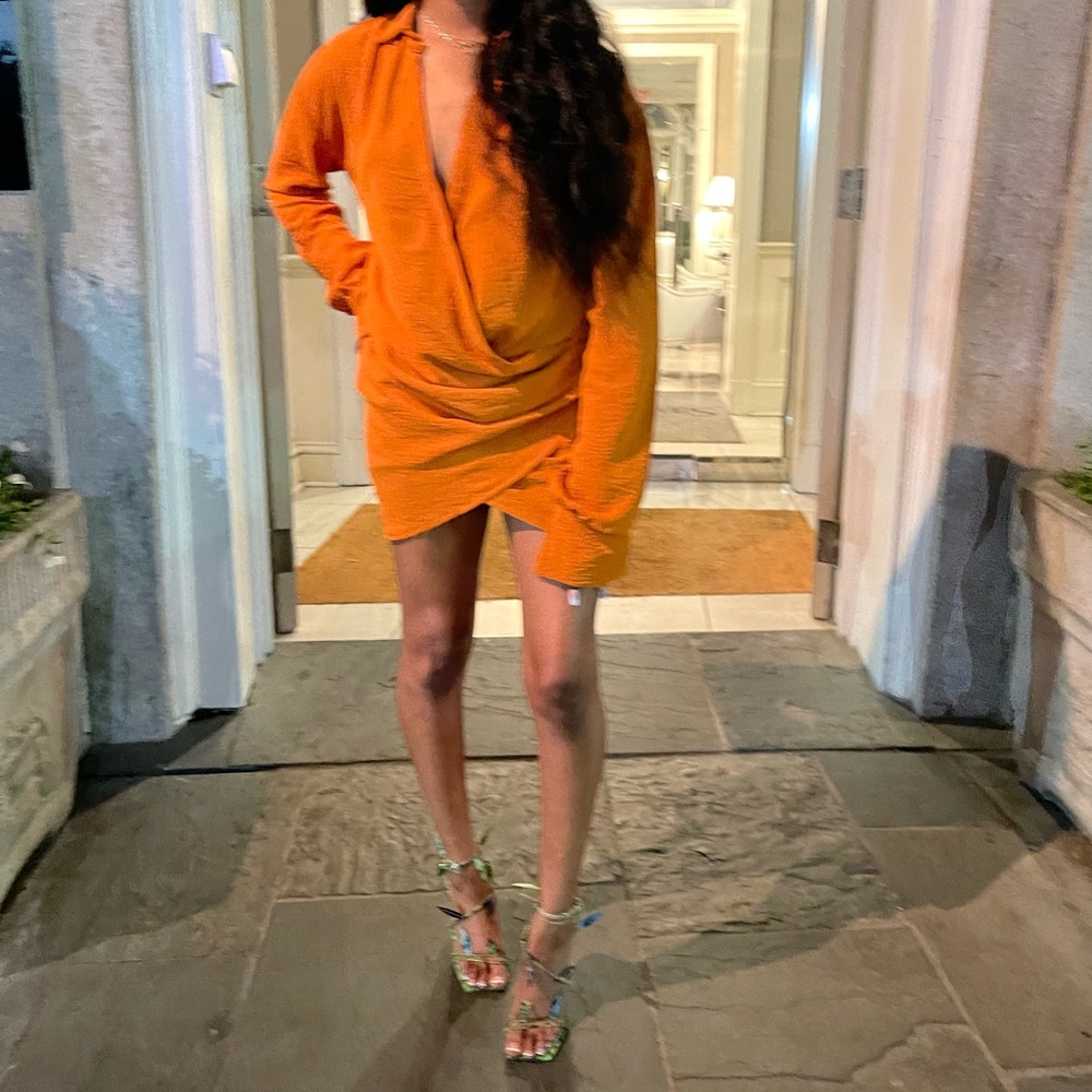 Orange Textured Women Extreme Plunge Bell Cuff Shirt Dress